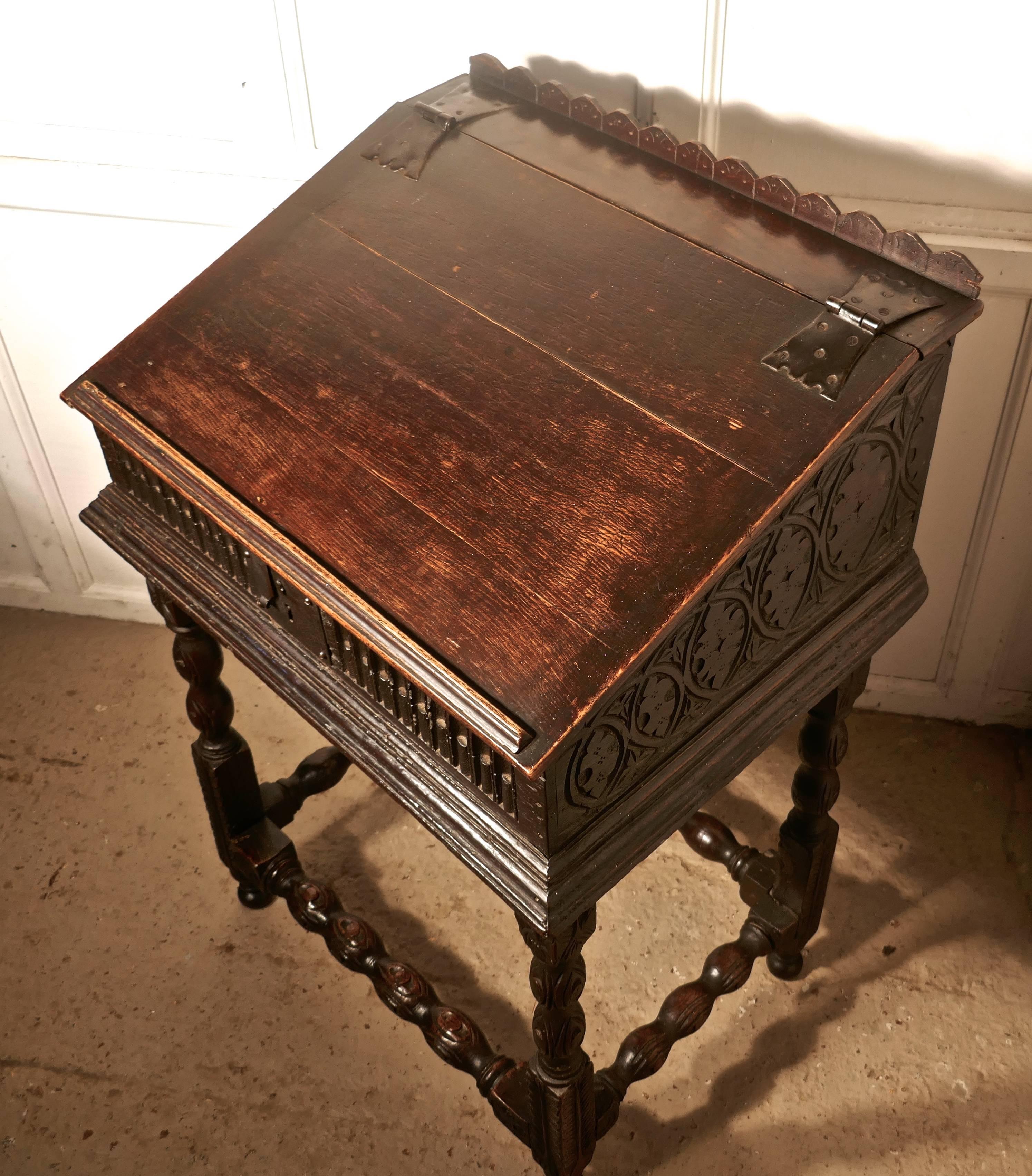 Gothic 17th Century Carved Oak Bible Box Reading Slope Desk on Stand Bureau