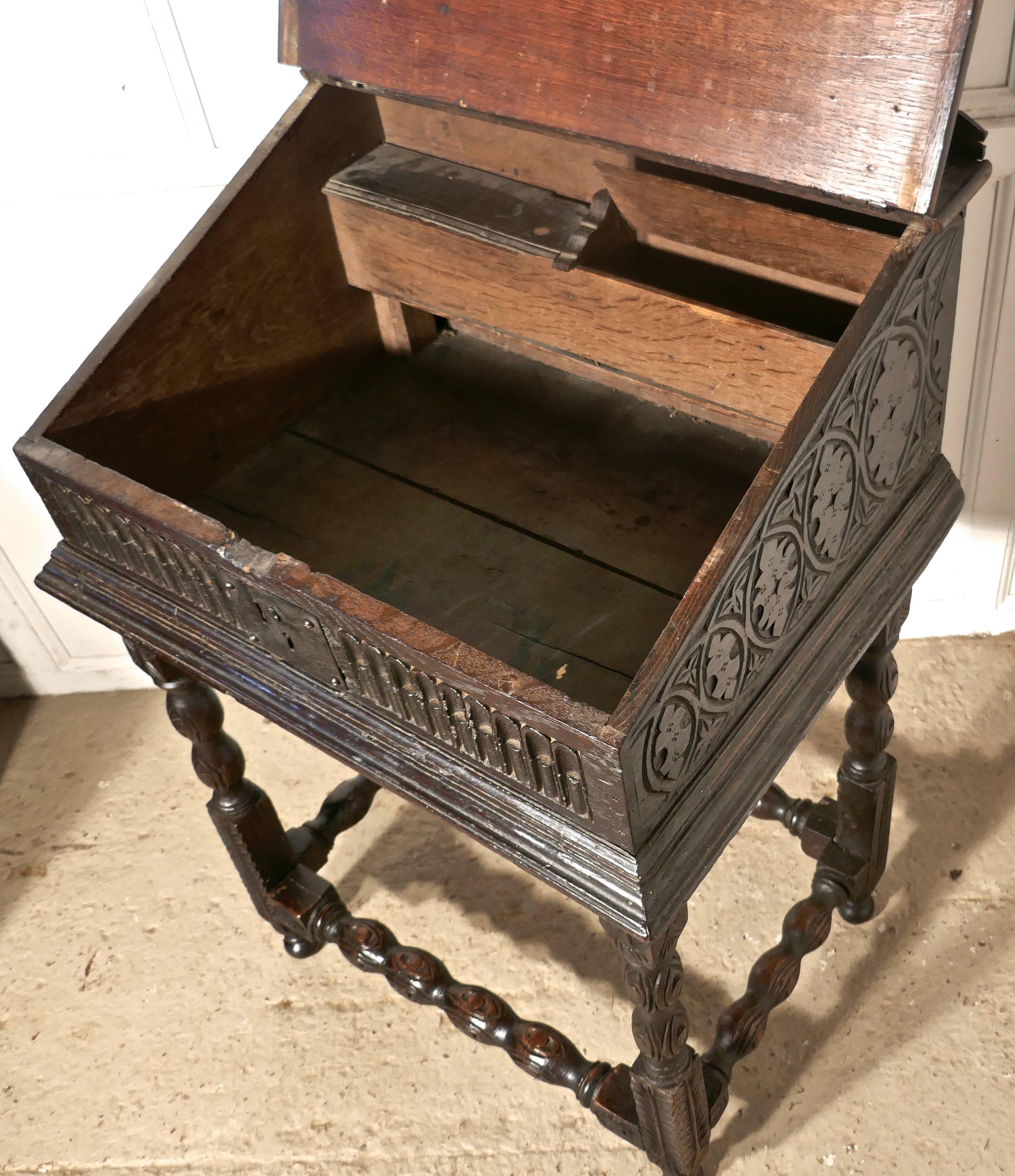 English 17th Century Carved Oak Bible Box Reading Slope Desk on Stand Bureau