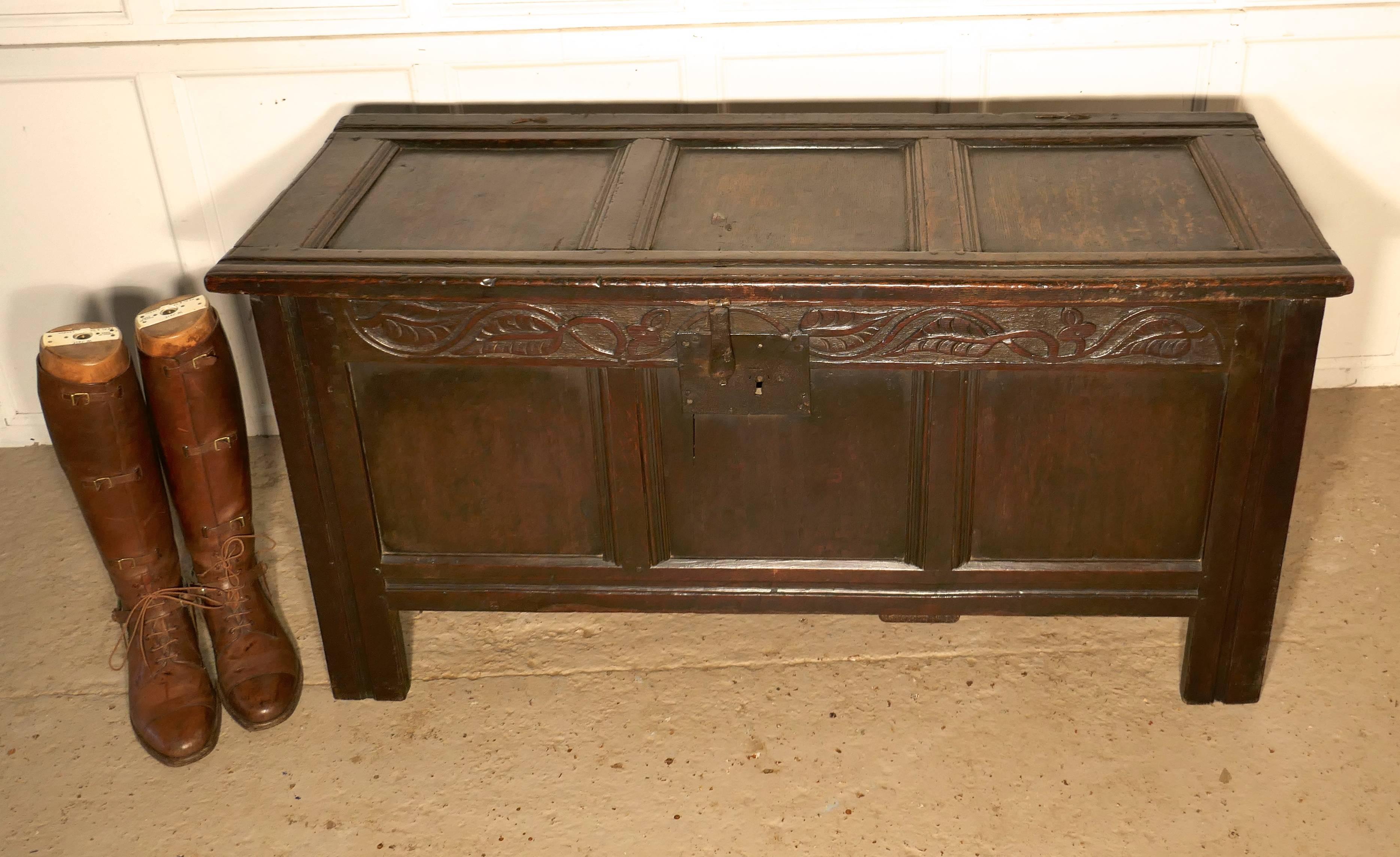 English Large 17th Century Carved Oak Coffer