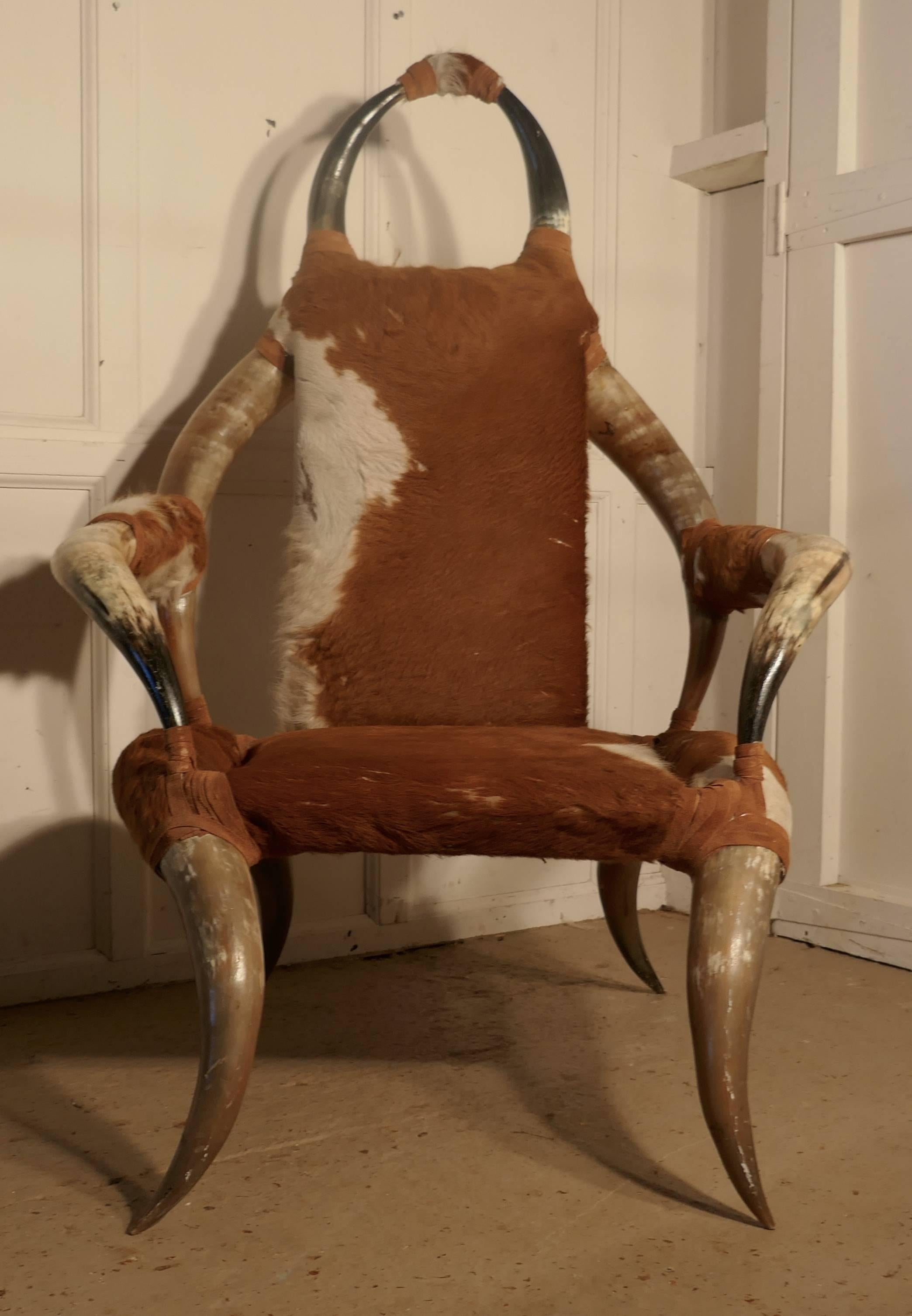 19th century large bull or cow horn armchair.

This is a magnificent high back antique cow horn chair, the chair is made from ten very large bull horns, it is covered in cow hide, the chair is heavy and very sturdy, not to mention