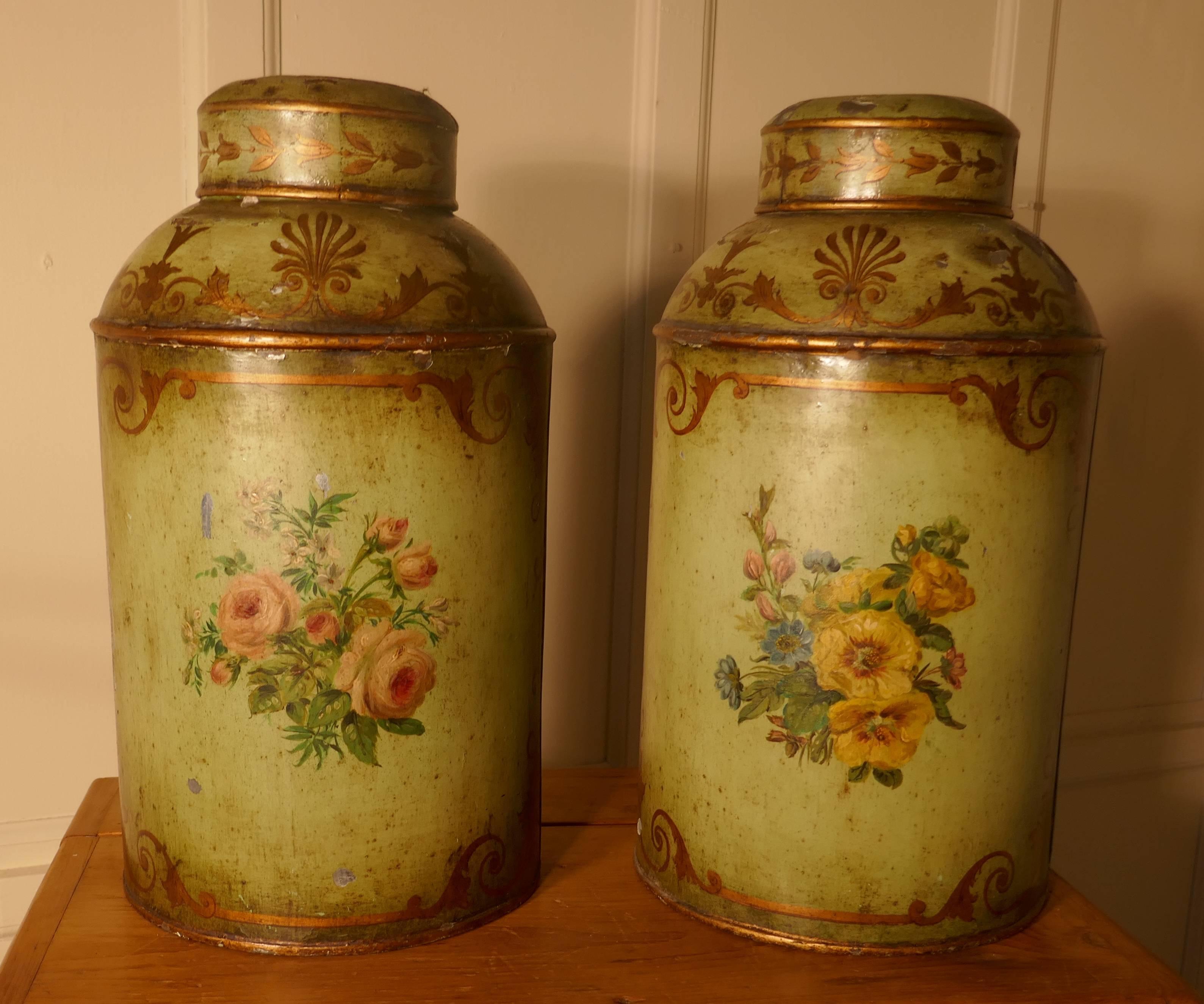 19th Century Pair of Early Very Large Hand-Painted Toleware Tea Canisters with Lids