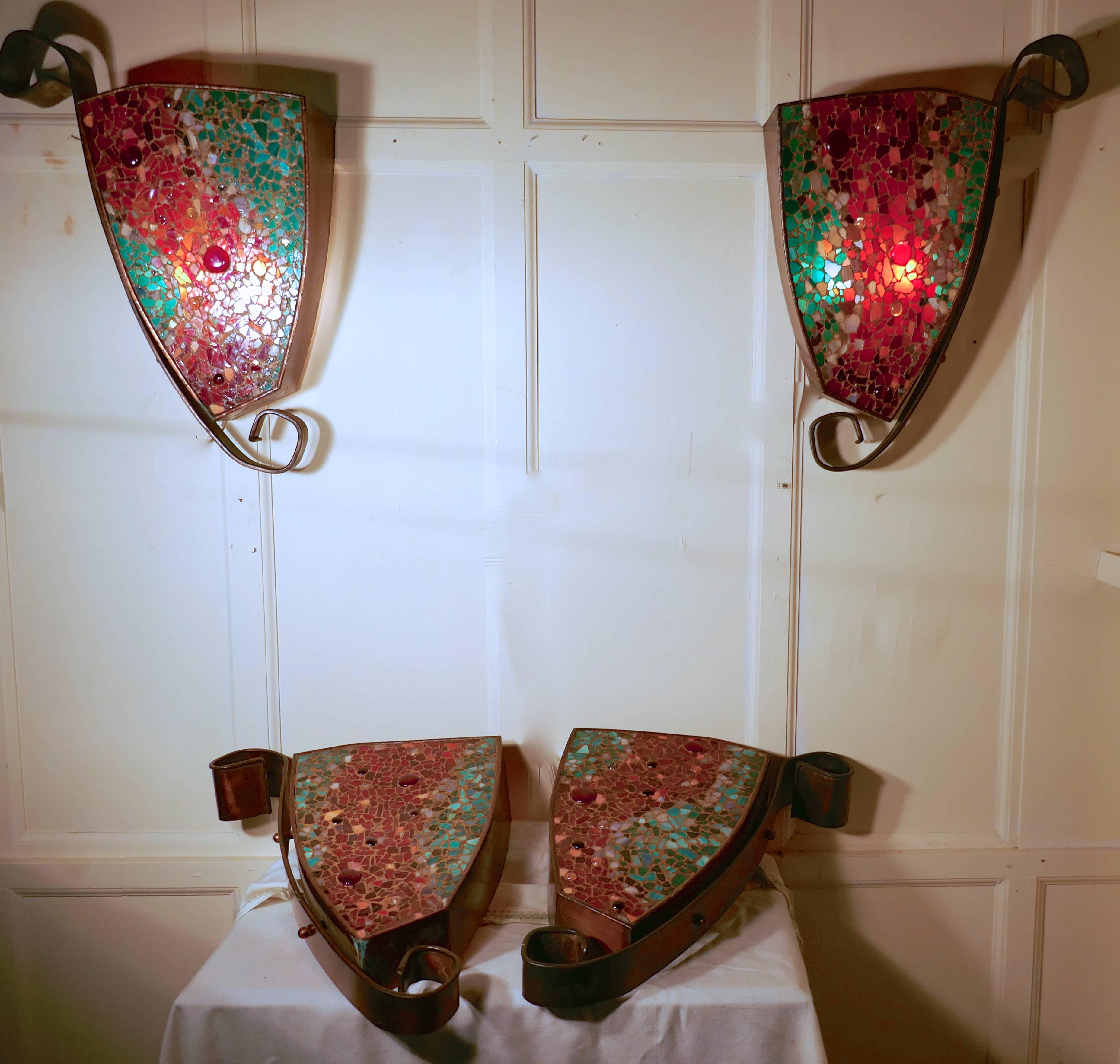 Set of Four Extra Large Gothic Art Deco Glass and Copper Wall Lights 2