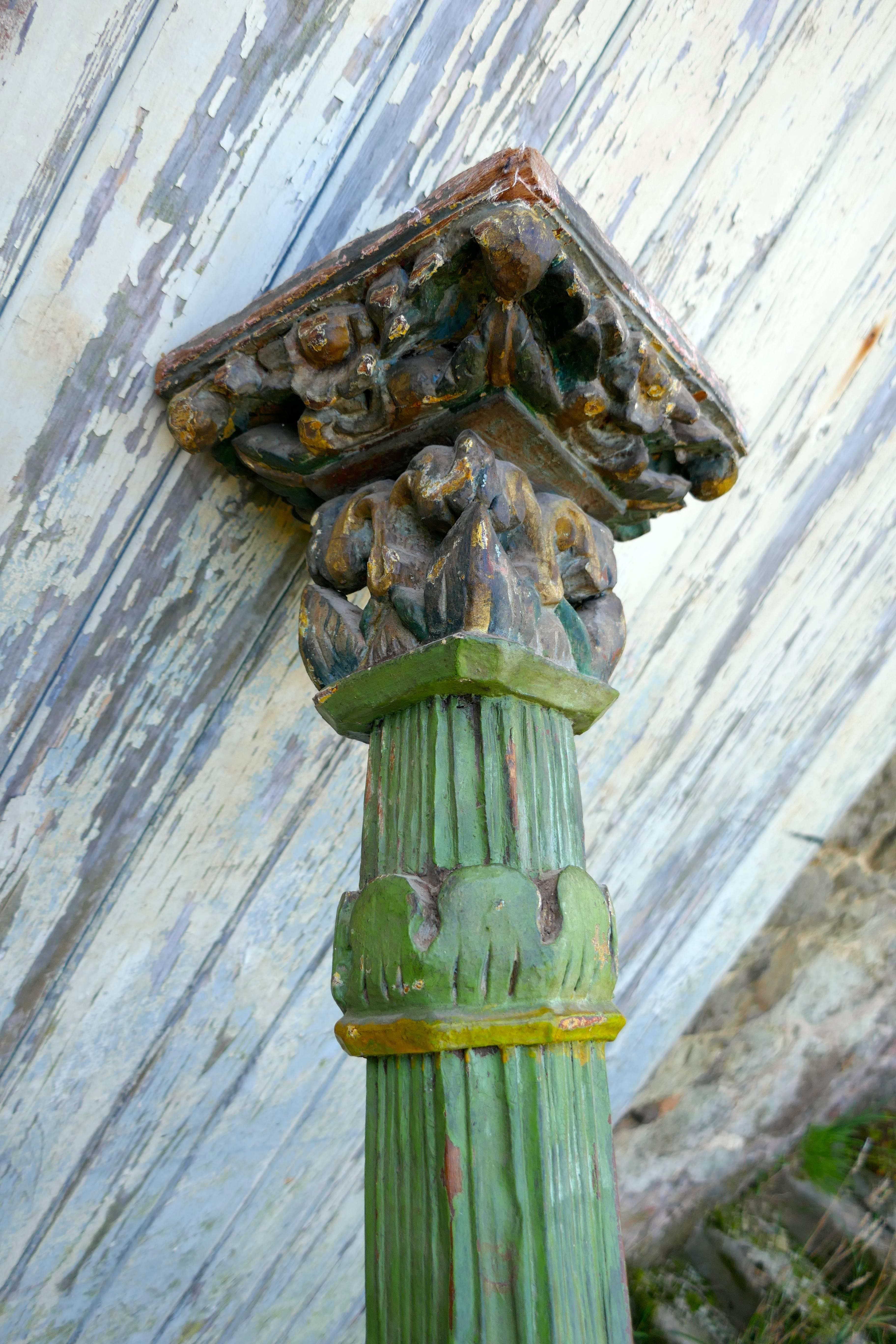 Pair of Antique Carved and Painted Corinthian Type Columns In Distressed Condition In Chillerton, Isle of Wight