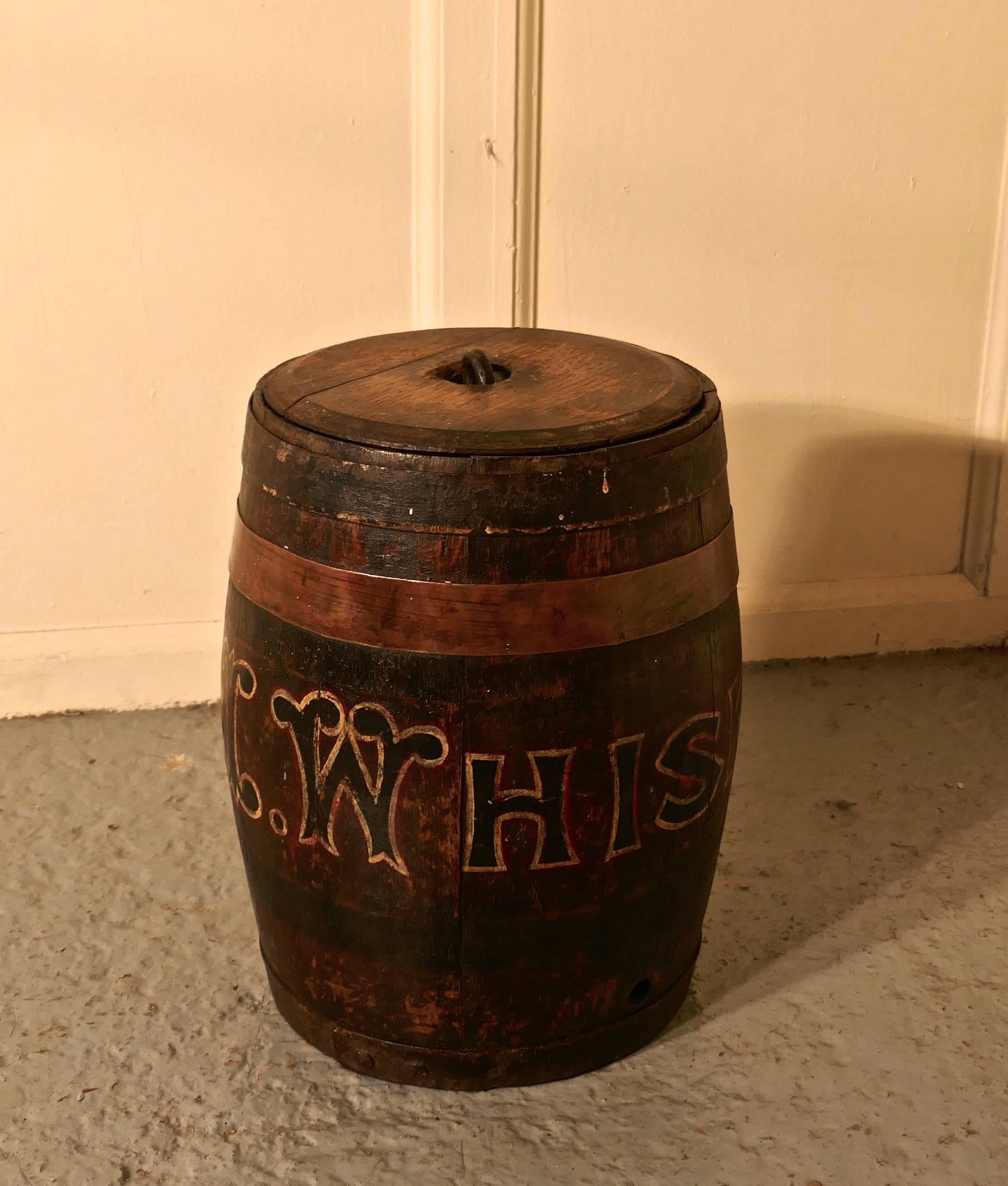 A 19th century oak and copper Irish whiskey barrel, quirky umbrella stand

This good looking piece started life as a Brandy Barrel, it is has since been painted over and labeled as a, “I WHISKEY” it is now has a new lease of life perhaps as as a