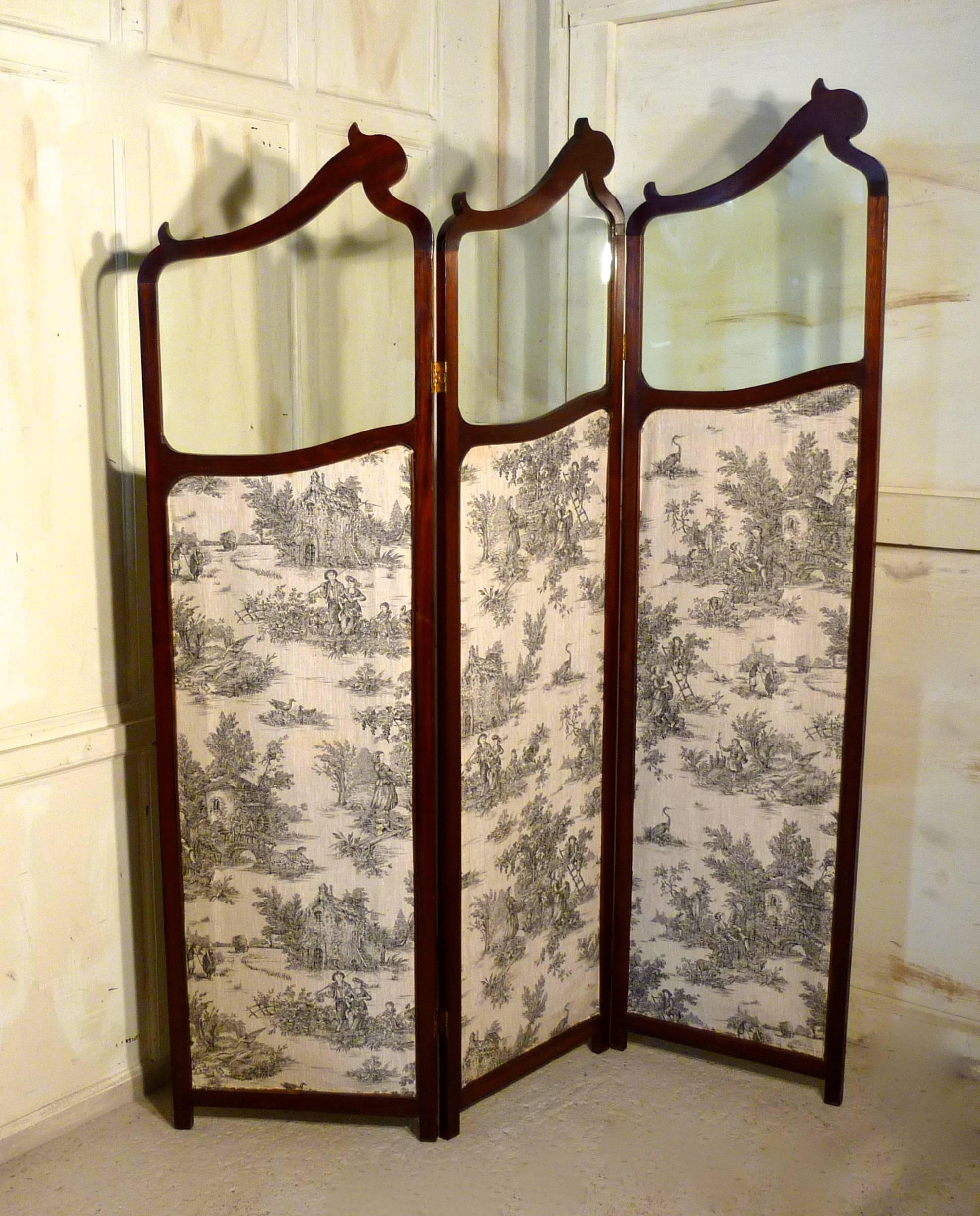 19th Century French Mahogany Upholstered Dressing Screen 3