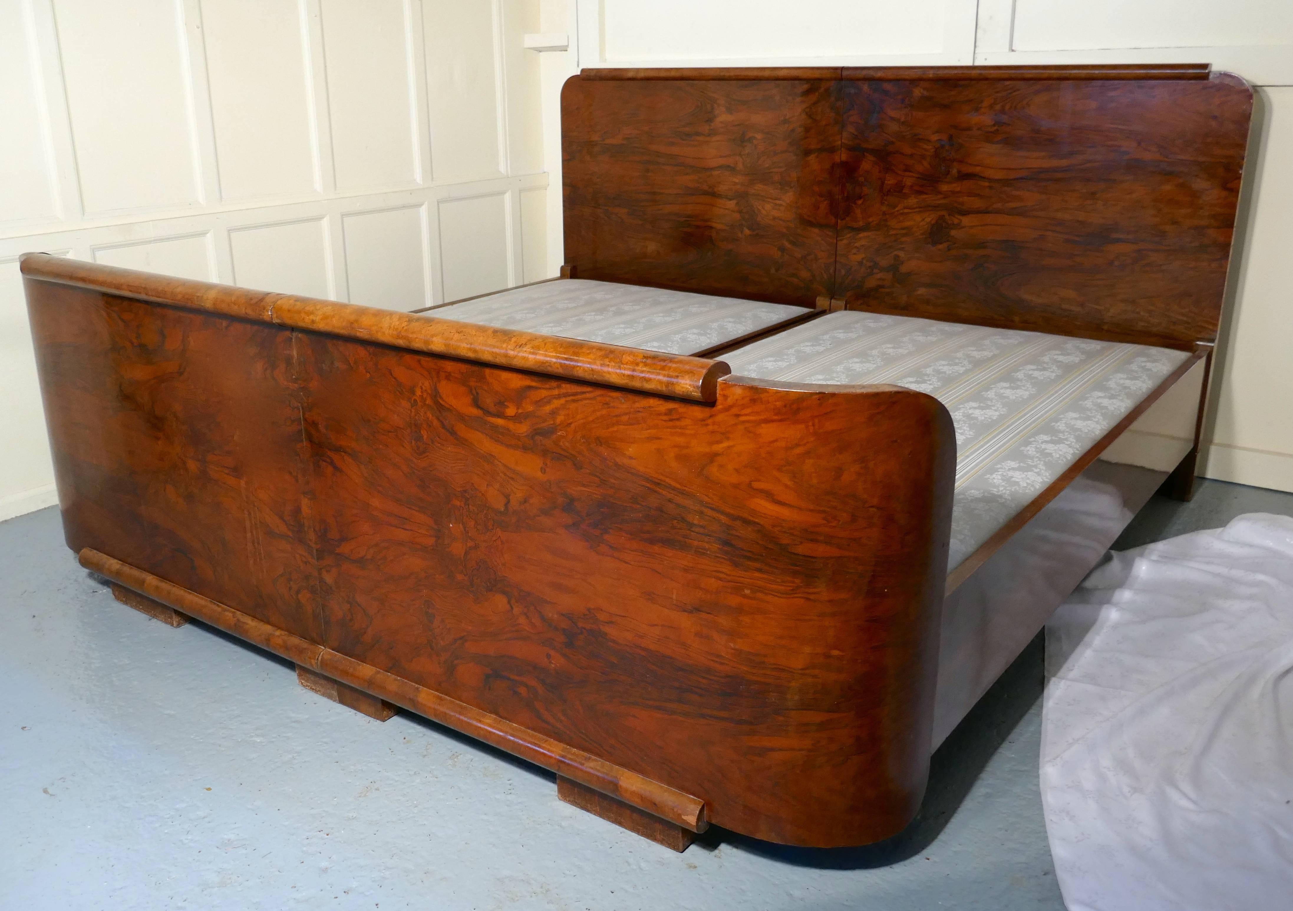 20th Century Burr Walnut Art Deco French King-Size Double Bed or Twin Beds