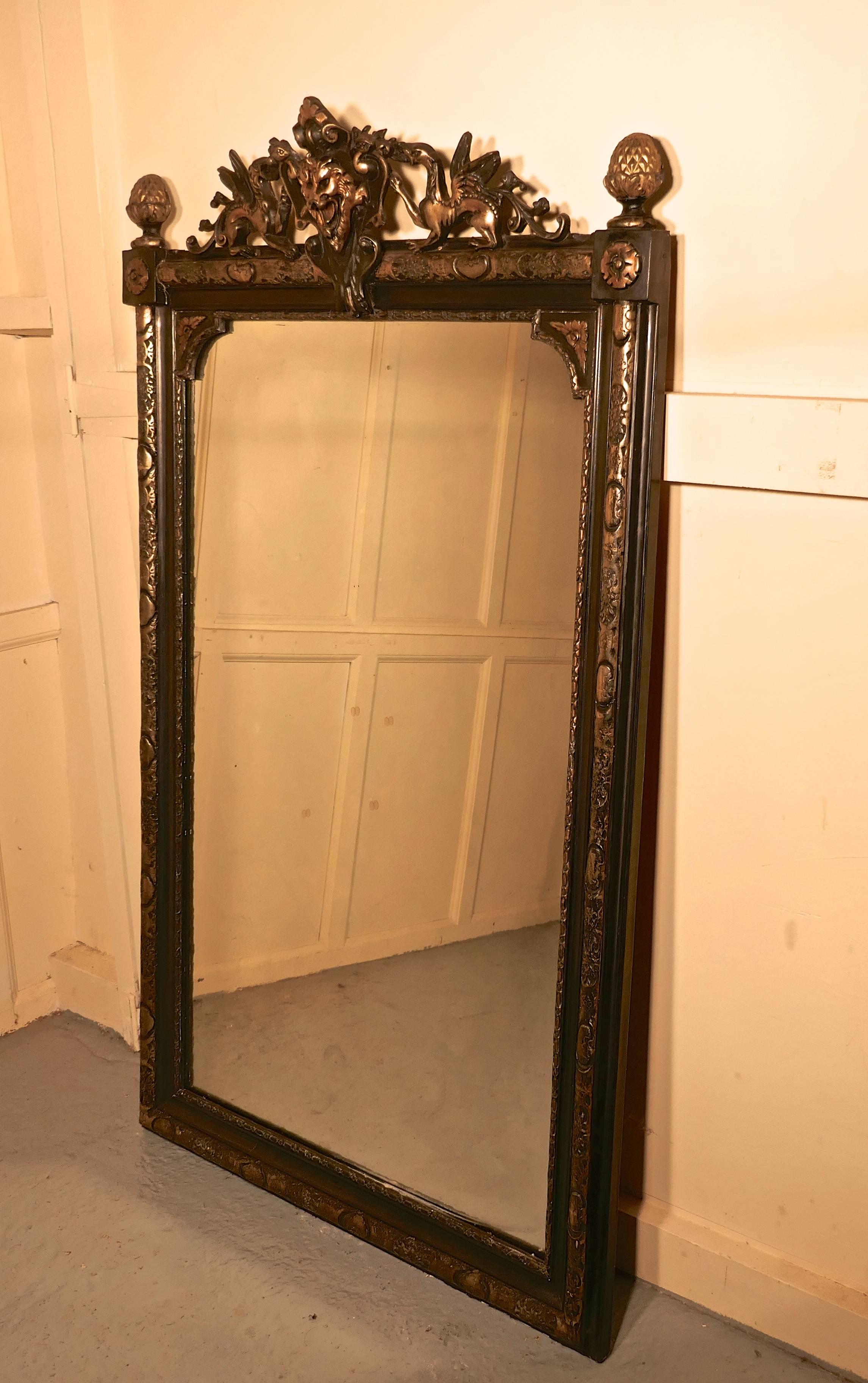 Large French Ebonized and Gilt Mirror, Lyons Mask and Dragon Crest In Good Condition In Chillerton, Isle of Wight