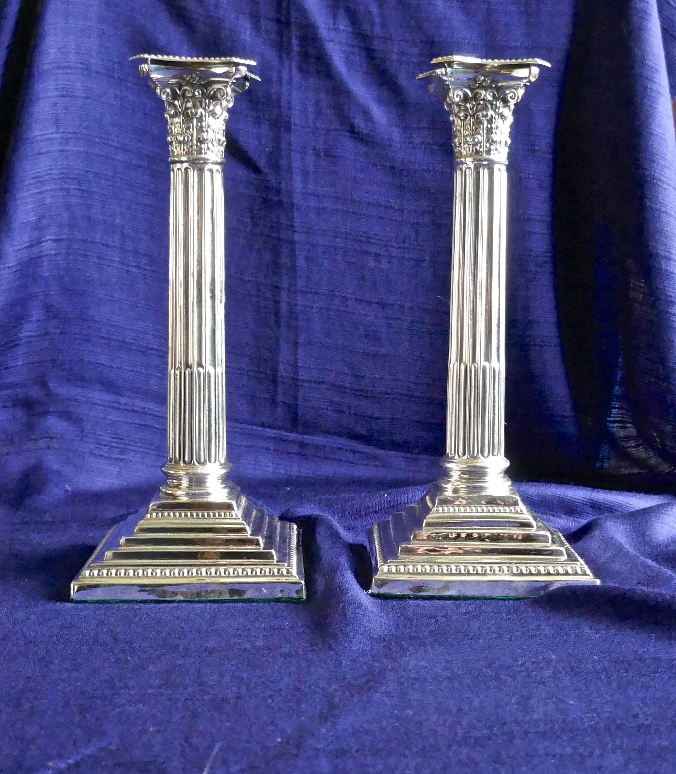 20th Century  Pair of Classical Corinthian Column Silver Candlesticks Edwardian, 1910