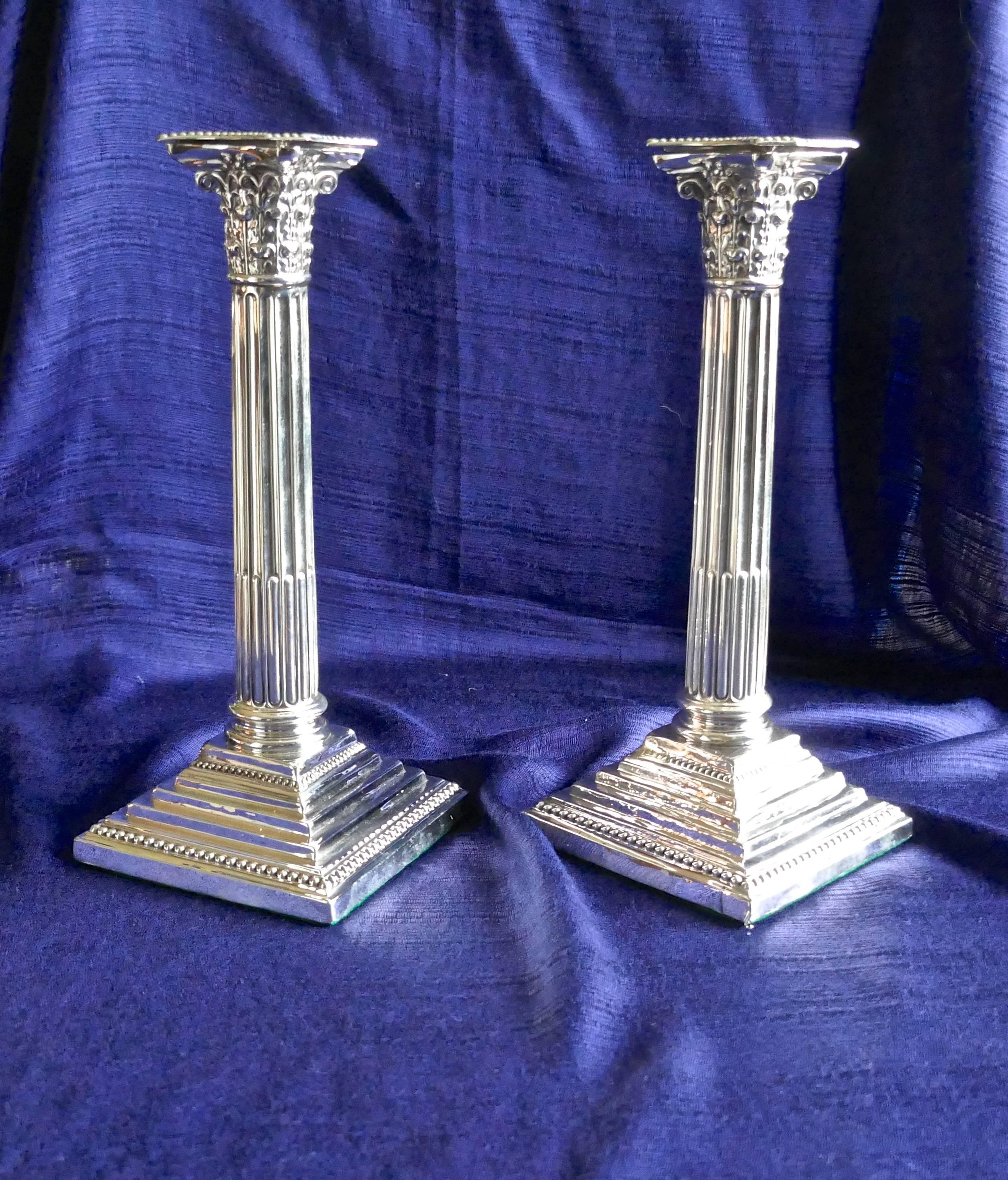  Pair of Classical Corinthian Column Silver Candlesticks Edwardian, 1910 1