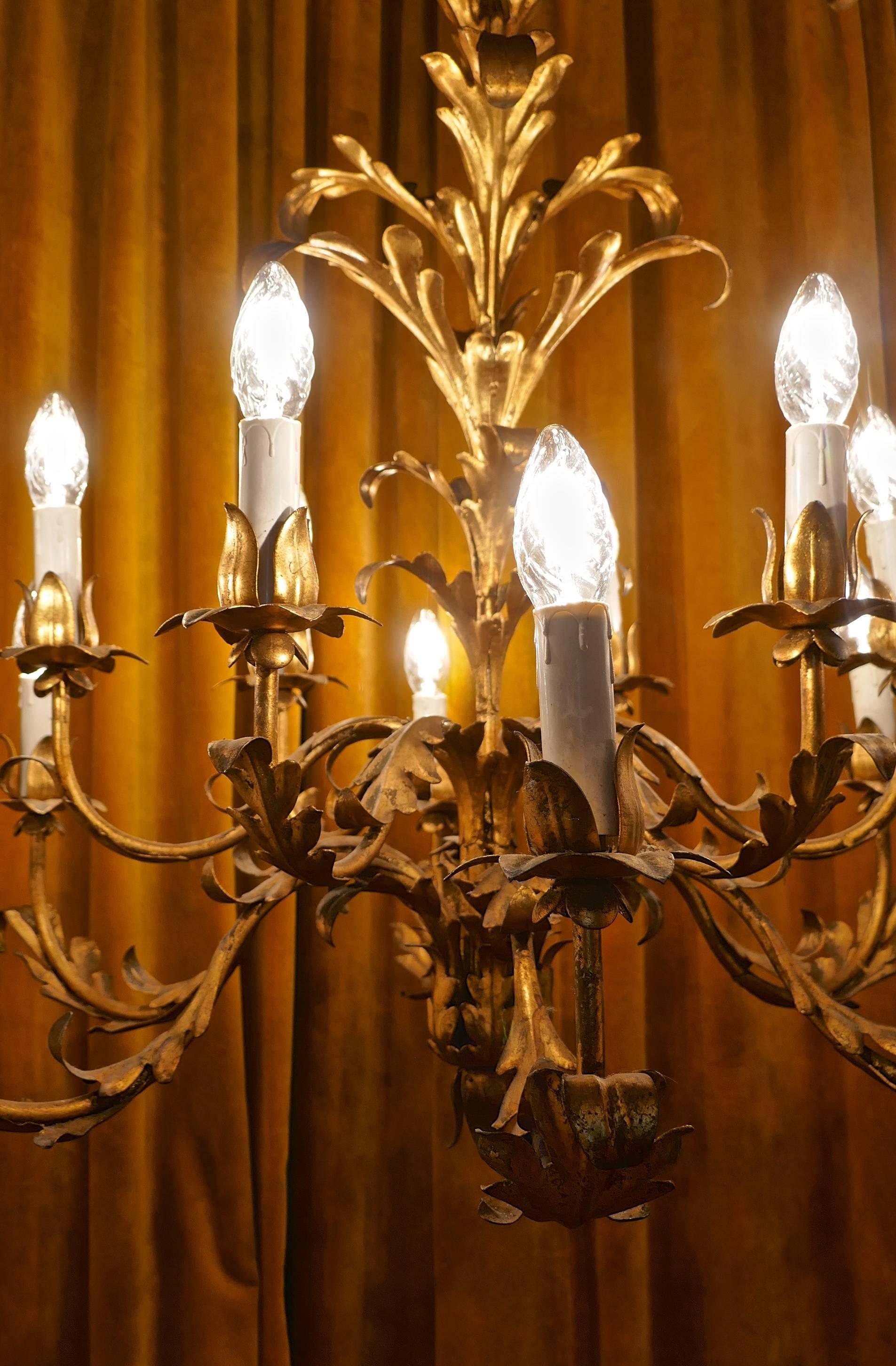 A very large French 12 branch gold tole chandelier

This is a superb piece, the entire piece is decorated with three dimensional tole ware acanthus leaves which have an aged darkened gold finish
The chandelier hangs from a chain which can be