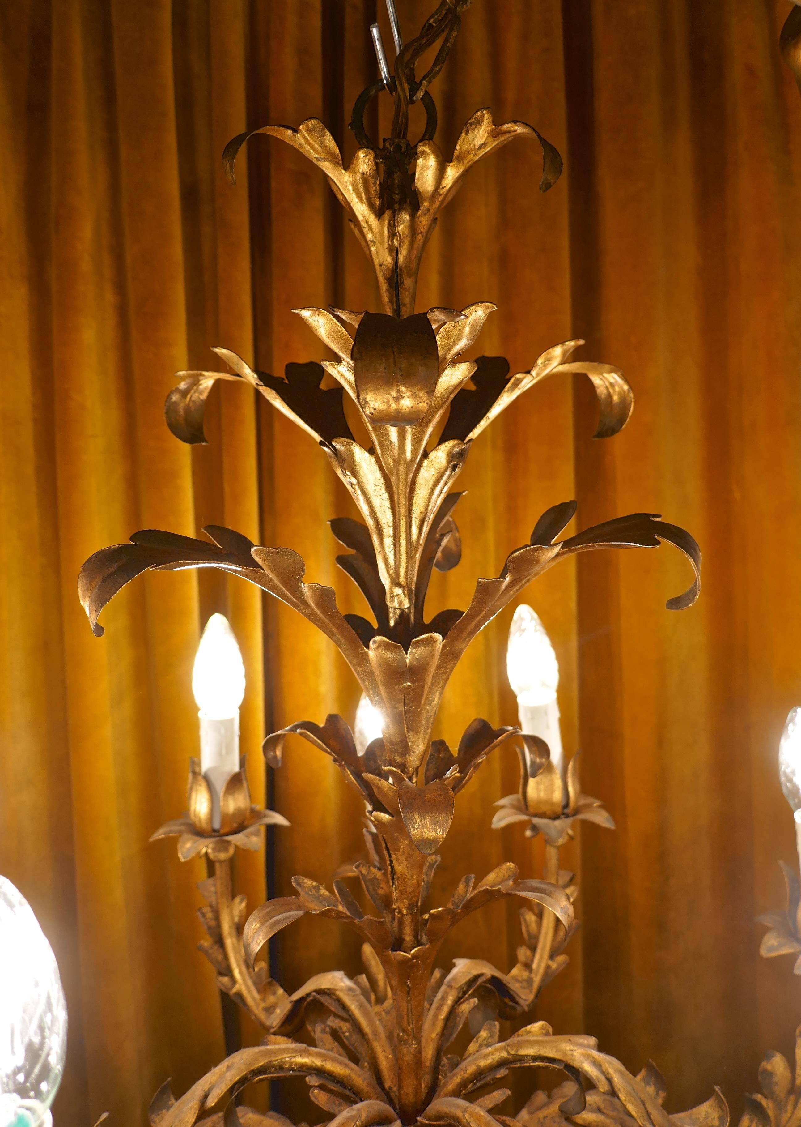 20th Century Very Large French 12 Branch Gold Tole Chandelier