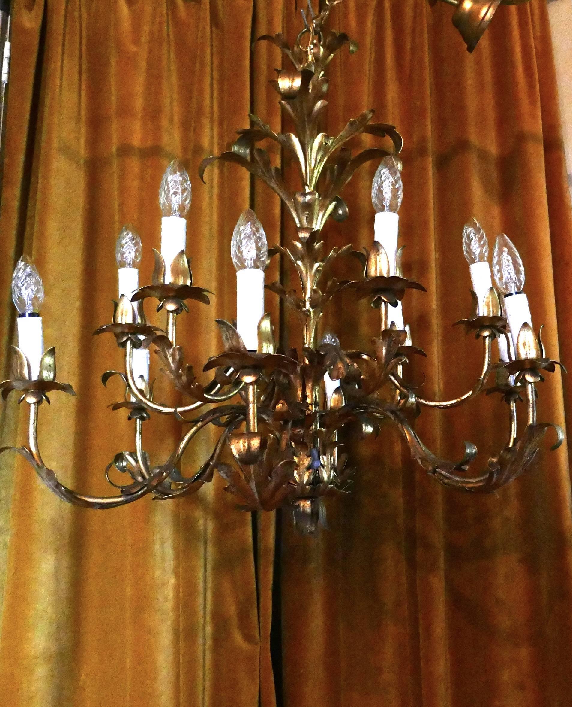 Very Large French 12 Branch Gold Tole Chandelier 2