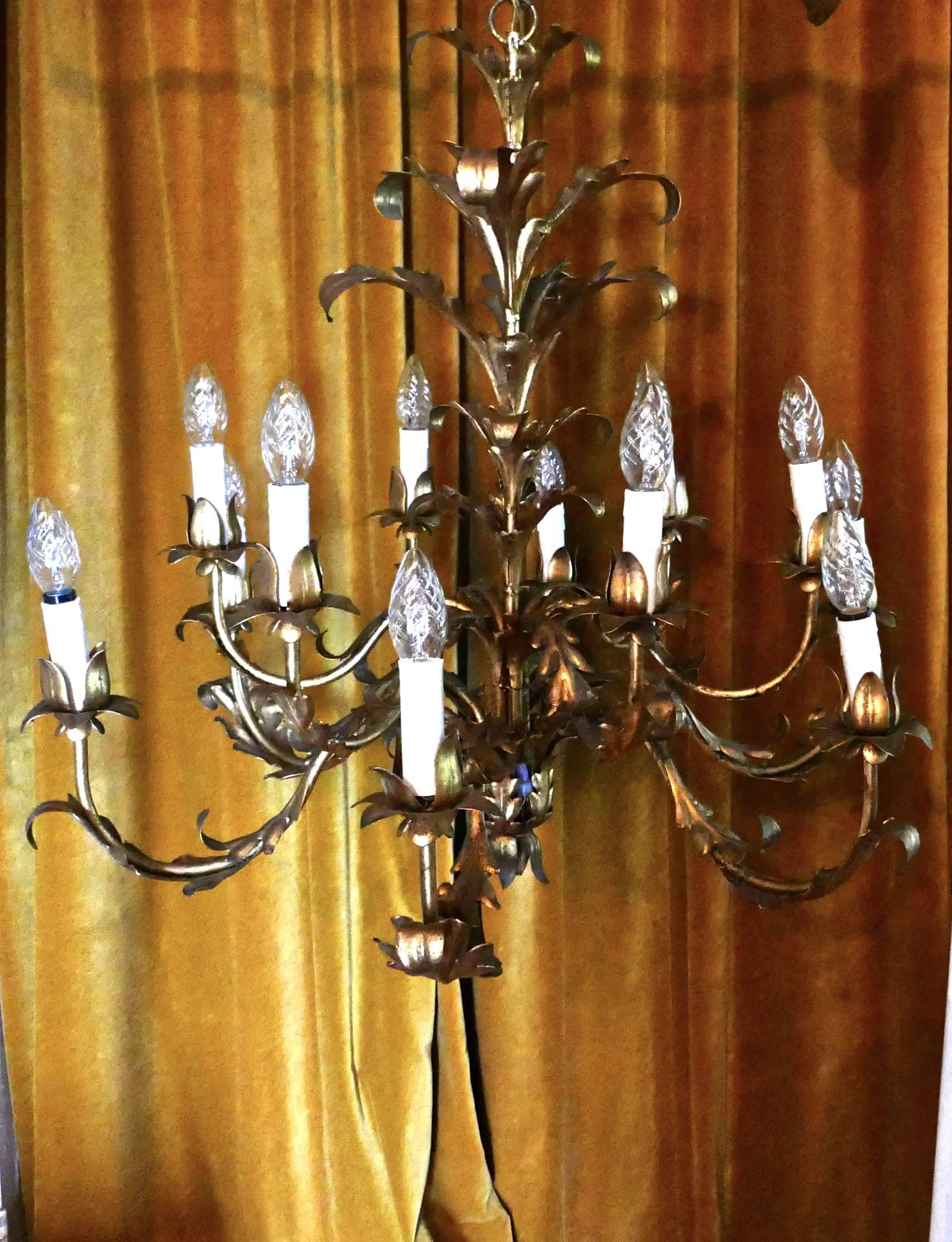 Very Large French 12 Branch Gold Tole Chandelier 3