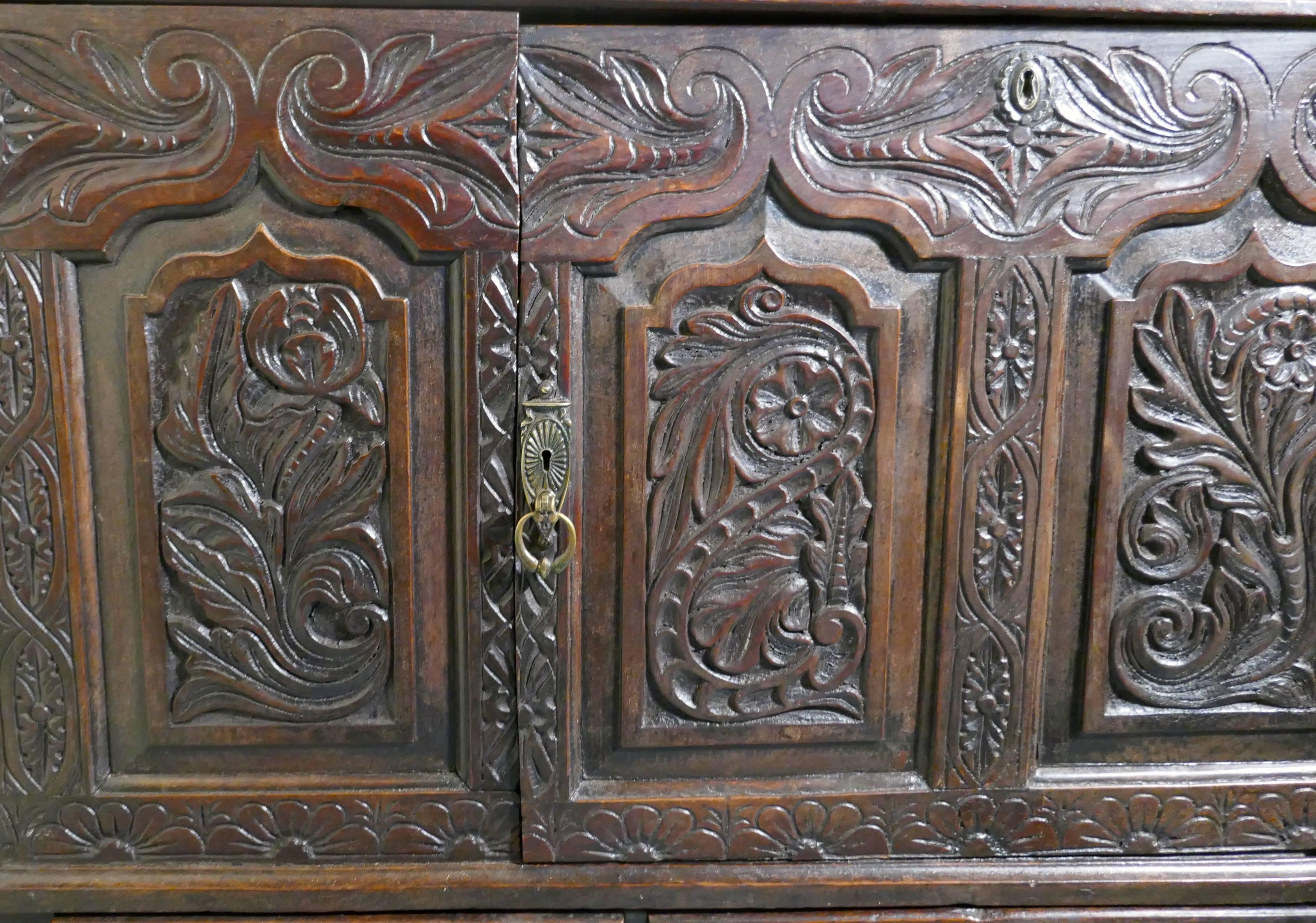Large 18th Century Carved Oak Marriage Chest 1