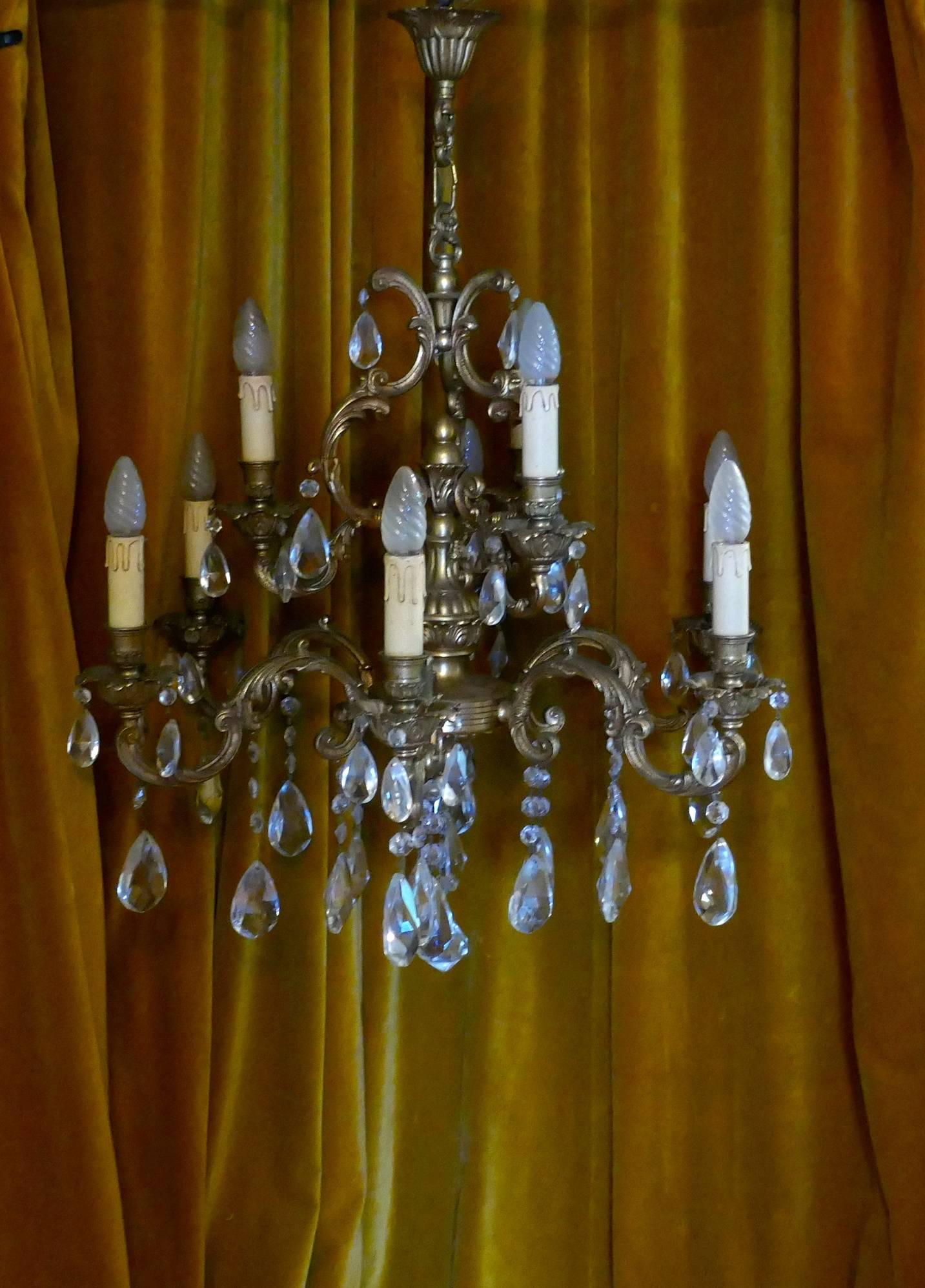 Charming Large French Crystal and Brass Nine-Branch Chandelier 2