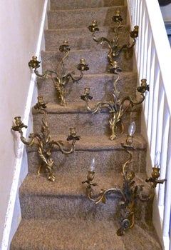 Set of Five Large Gilded Bronze Triple French Wall Sconces