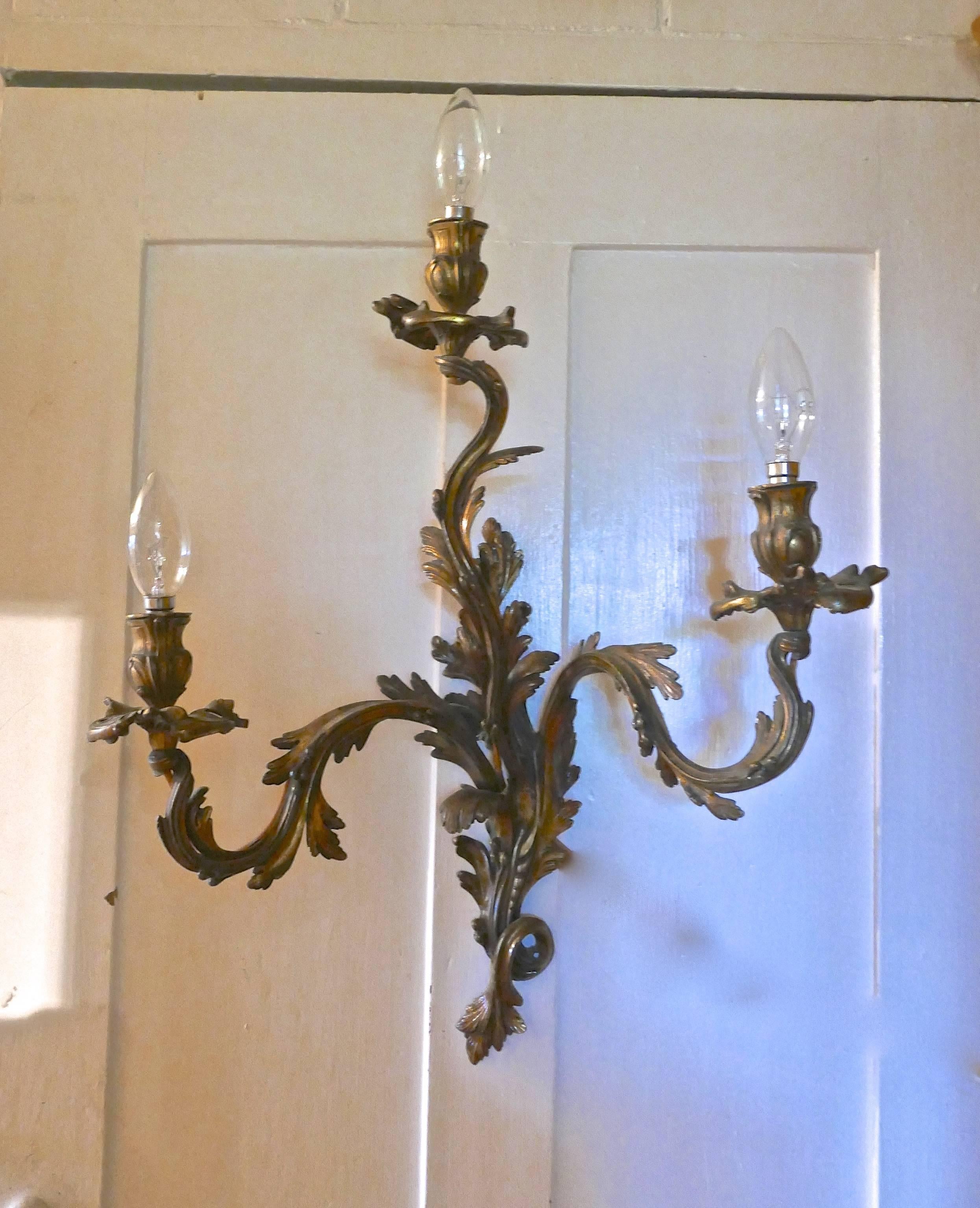 19th Century Set of Five Large Gilded Bronze Triple French Wall Sconces