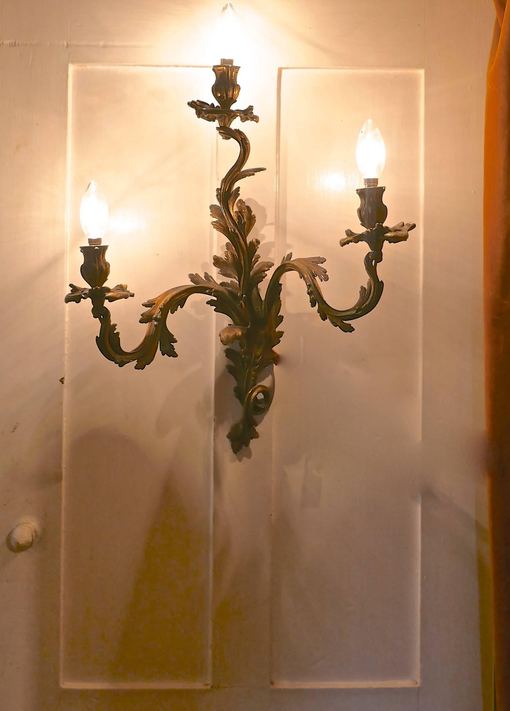 Set of Five Large Gilded Bronze Triple French Wall Sconces 5