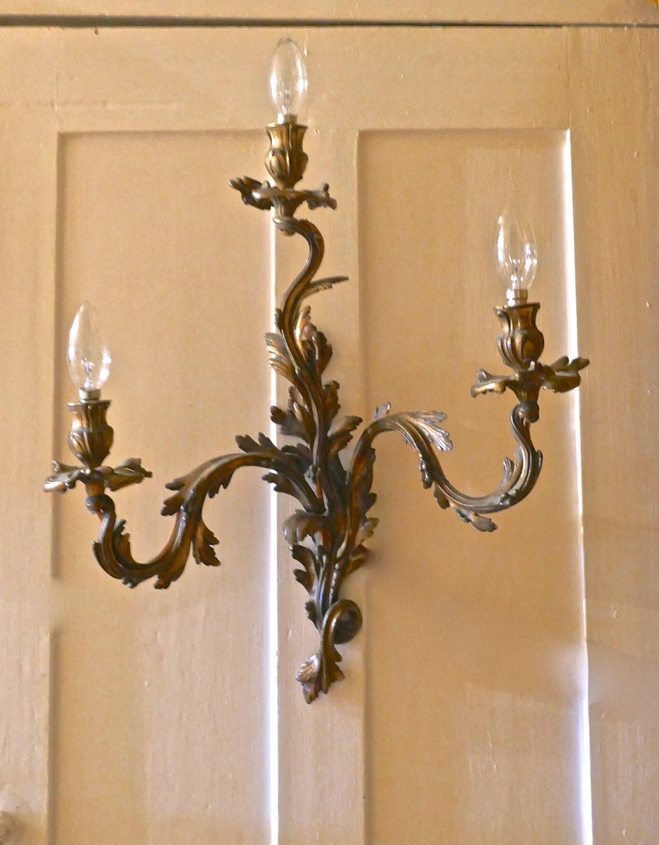 Set of Five Large Gilded Bronze Triple French Wall Sconces 2