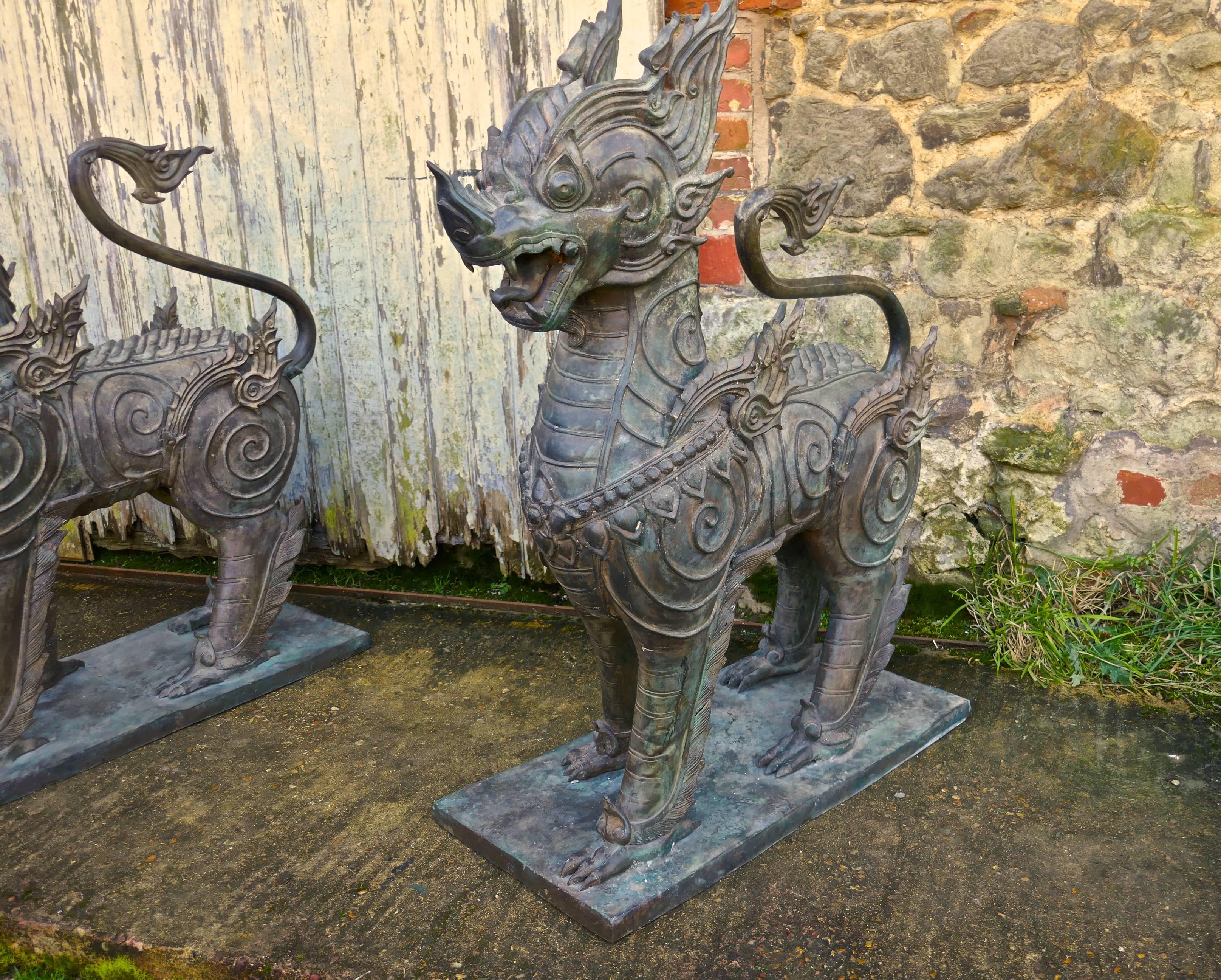 19th Century Pair of Large Bronze Thai Temple Guardian Foo Lion Dogs