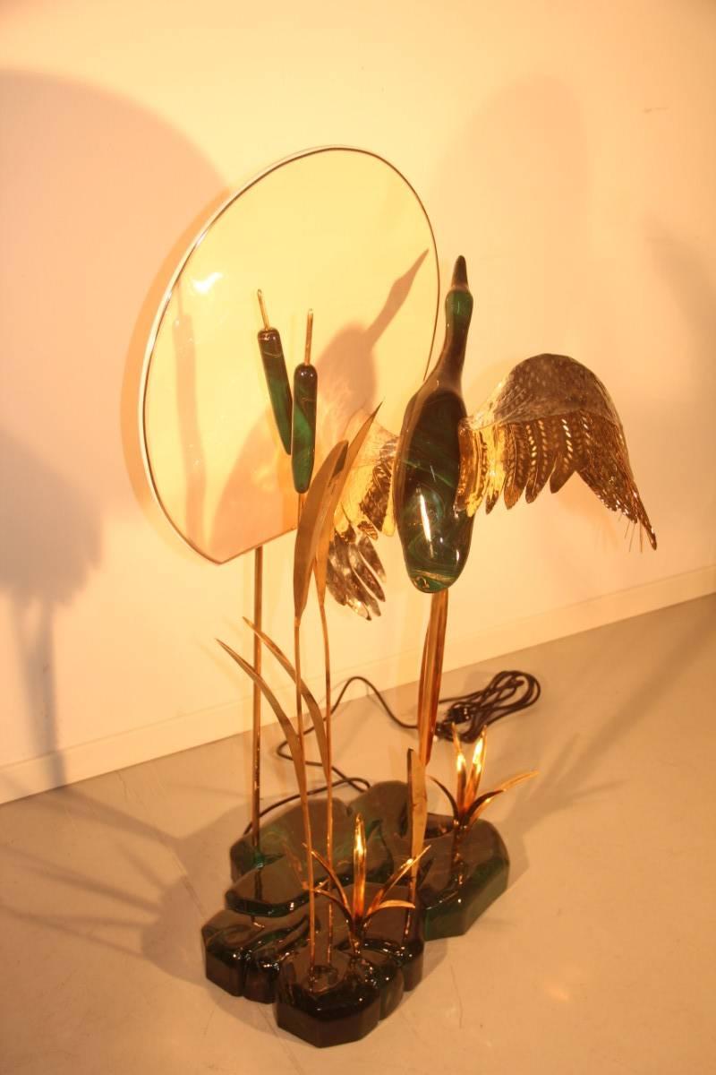 Brass Floor Duck Sunset, 1970 Italian Design Gold Wood Lacquered Natural Floor