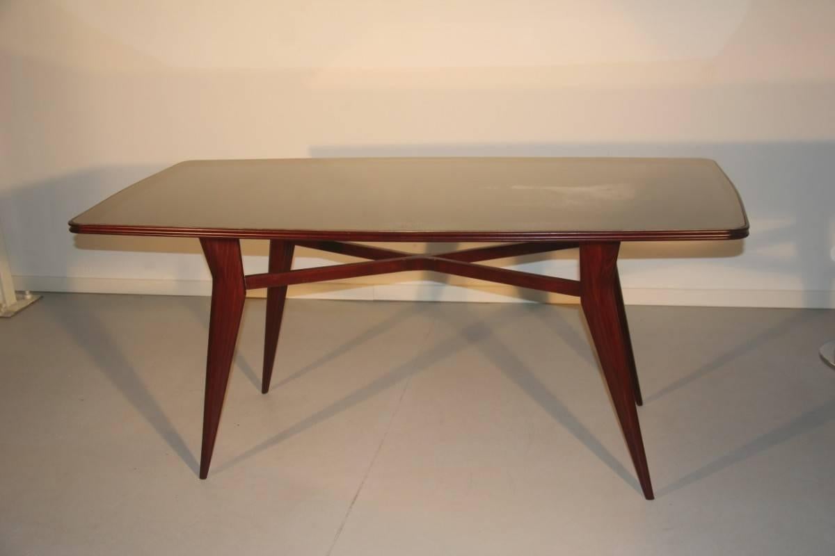 Mid-Century Italian Dining table rectangular Walnut and Glass Colored, 1950s For Sale 2