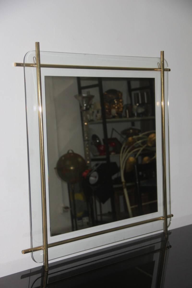 Minimal square wall mirror sculptural brass gold Italian design 1970s.