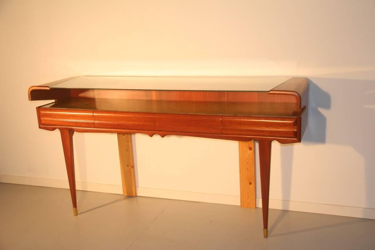 Mid-Century Italian wall Console Mahogany Wood glass Top Geometric Shape 1950s  In Excellent Condition In Palermo, Sicily
