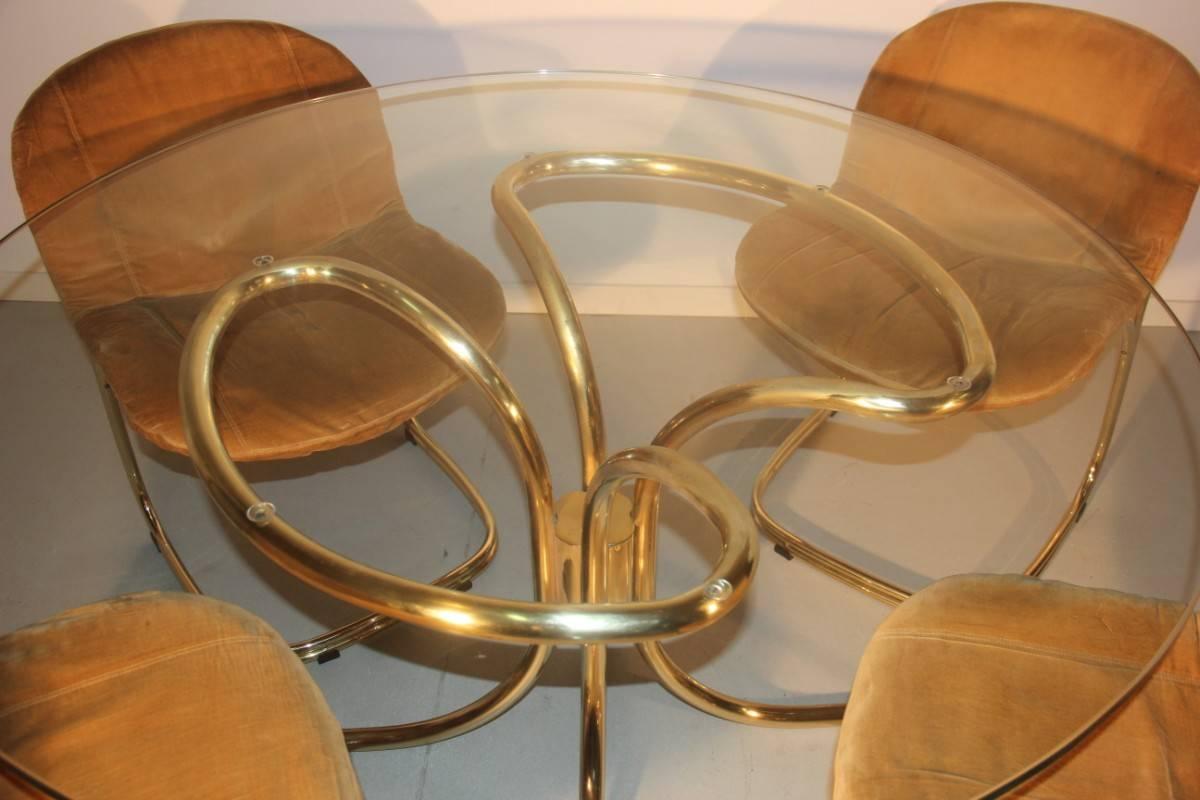 Round Gold Brass Table  Whit Chairs Gastone Rinaldi RIMA Italian Design  1970s  3