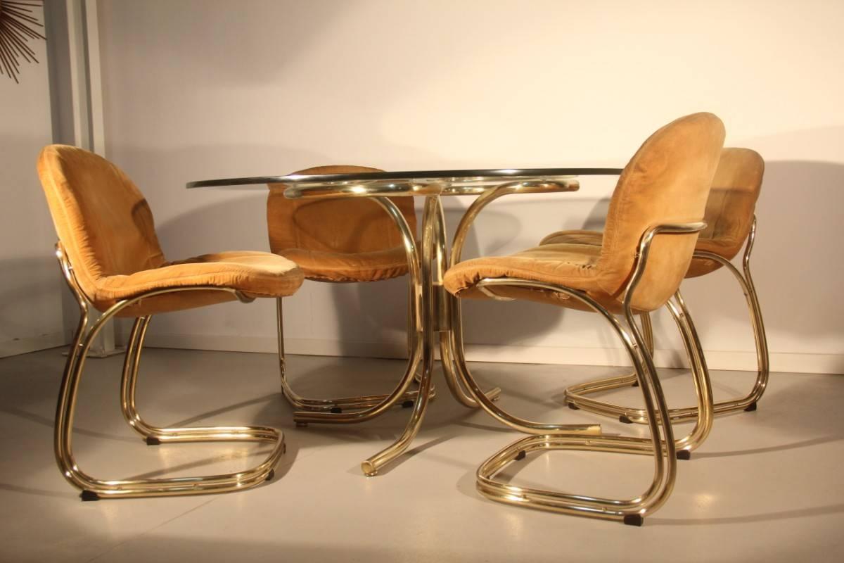 Round Gold Brass Table  Whit Chairs Gastone Rinaldi RIMA Italian Design  1970s  4