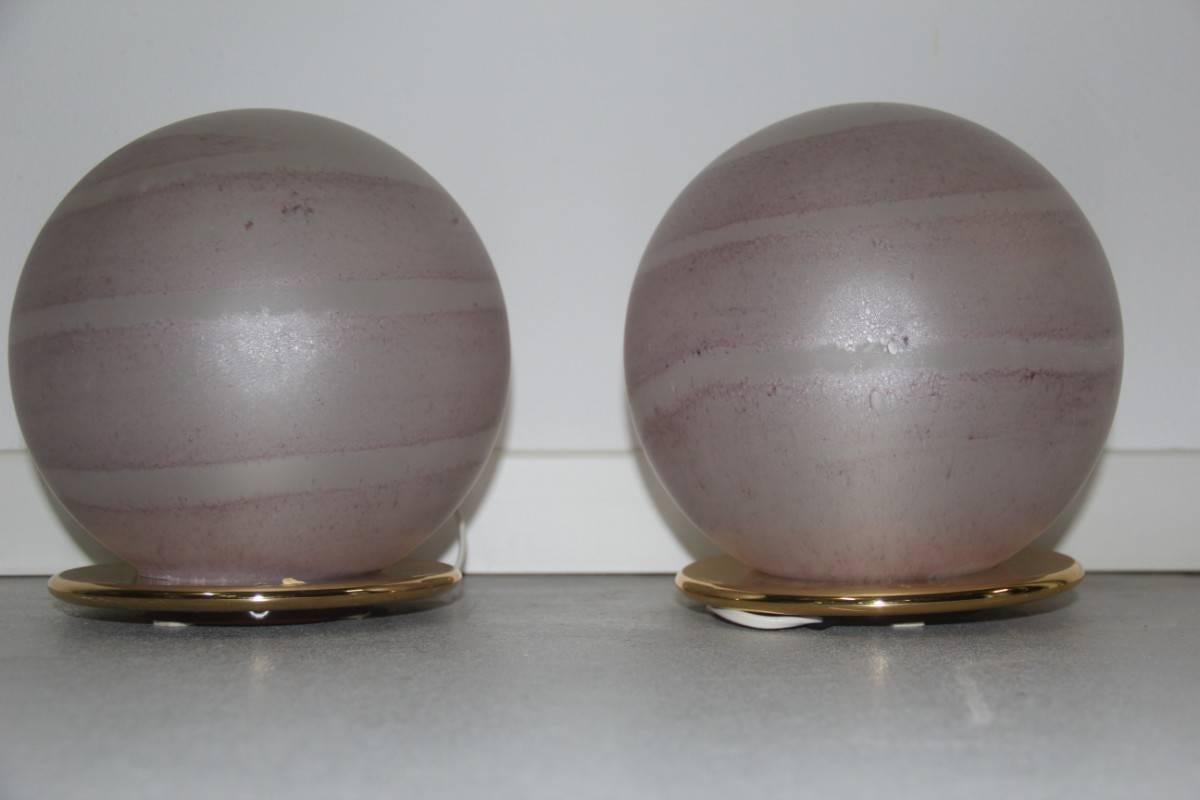Pink Round Pair of Table Lamps VeArt 1970s Murano Glass Brass base  In Excellent Condition In Palermo, Sicily