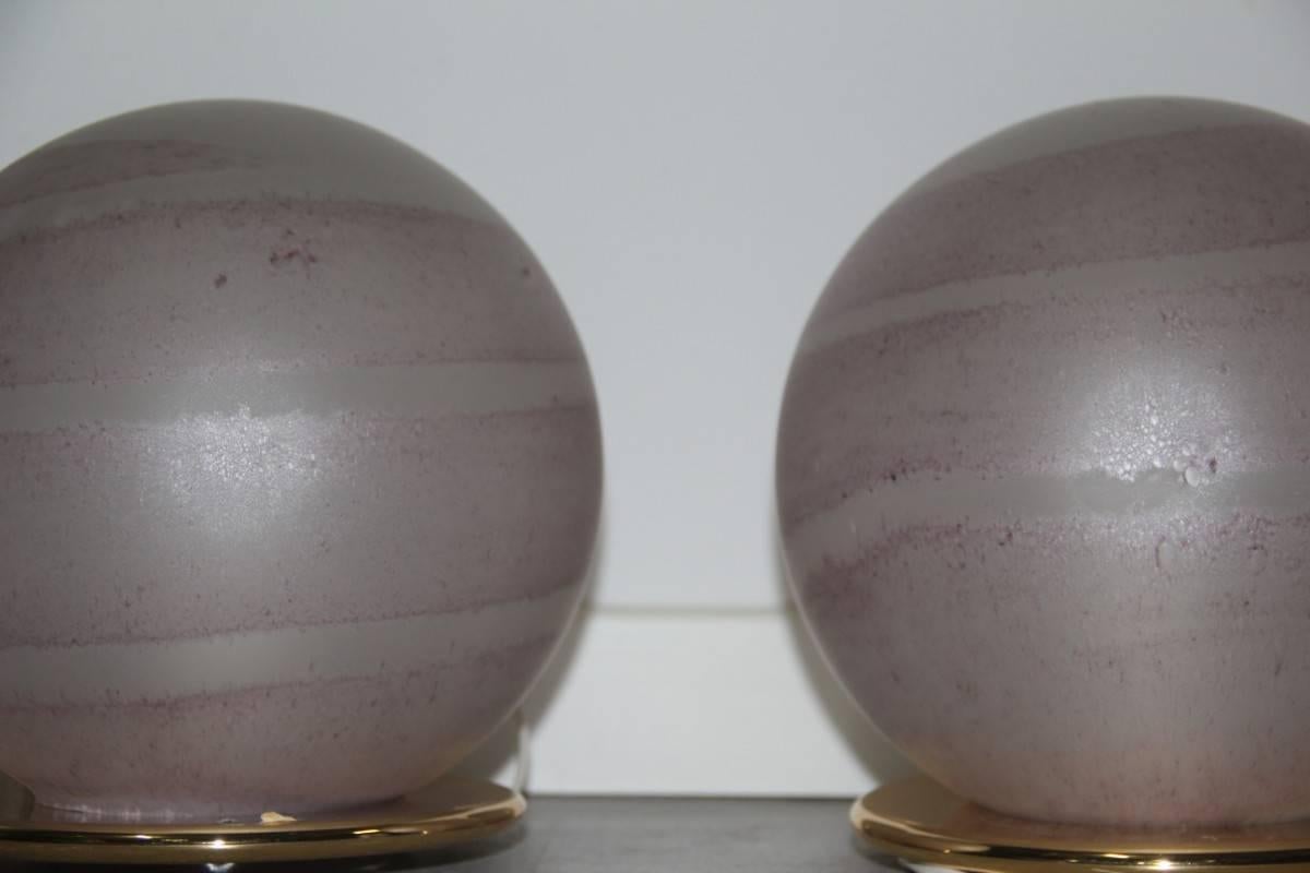 Late 20th Century Pink Round Pair of Table Lamps VeArt 1970s Murano Glass Brass base 