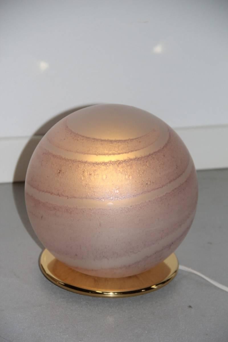 Gold Plate Pink Round Pair of Table Lamps VeArt 1970s Murano Glass Brass base 