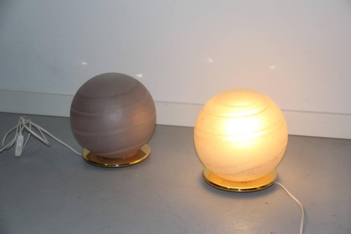 Pink Round Pair of Table Lamps VeArt 1970s Murano Glass Brass base  1