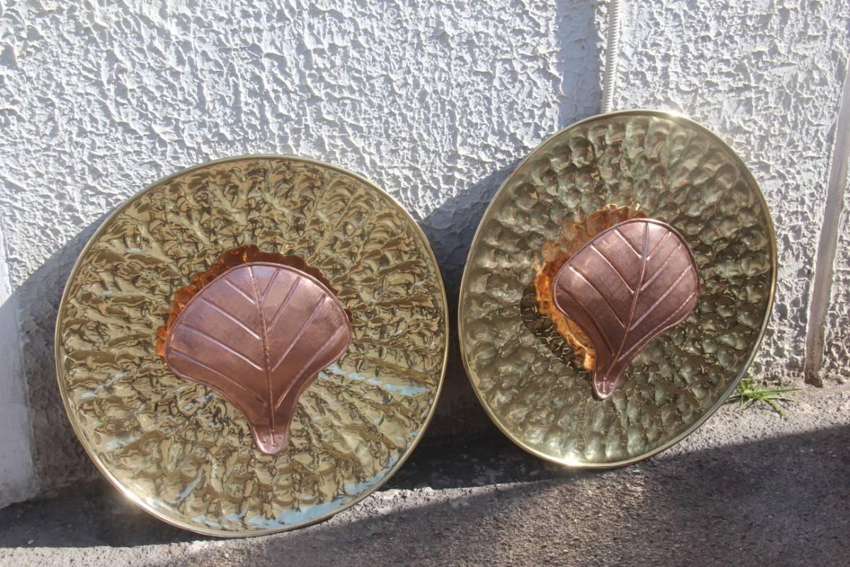 Late 20th Century Round Wall Sconces Brass and Copper 1970 Eclipse Italian Design Midcentury Gold