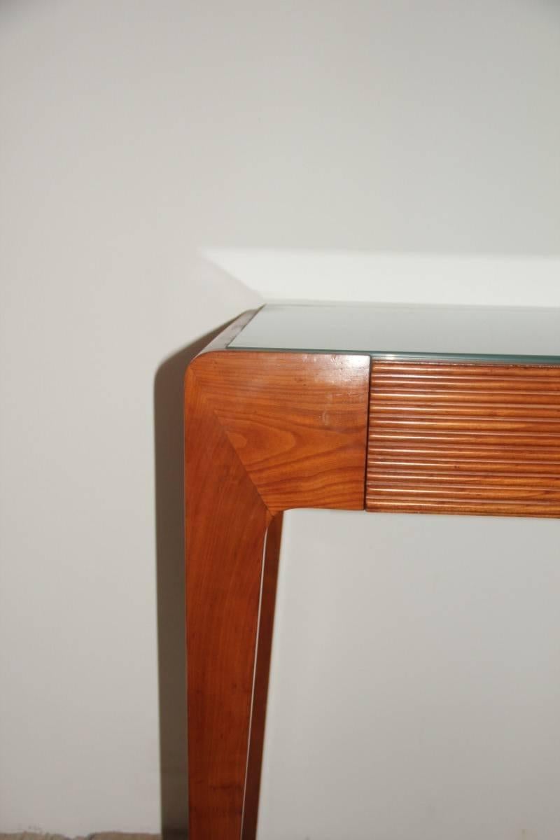 Mid-Century Modern Cherry Wood Console Minimal Design Glass Top 1960  In Good Condition In Palermo, Sicily