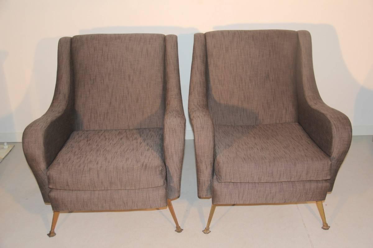 Pair of mid-century Italian design armchairs, special metal feet, the style of Marco Zanuso.