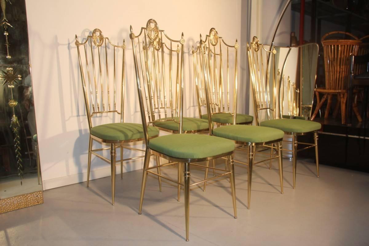 High back chairs, mid-century Italian design in Gio Ponti style, solid structure brass green.