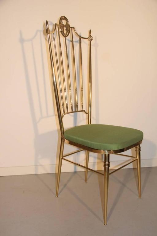 Mid-Century Modern High Back Chairs, Mid-Century Italian Design in Gio Ponti Style Brass Gold Green For Sale