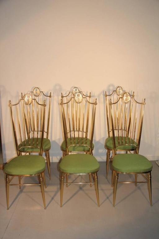 High Back Chairs, Mid-Century Italian Design in Gio Ponti Style Brass Gold Green For Sale 4