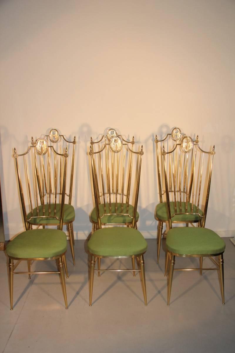 High Back Chairs, Mid-Century Italian Design in Gio Ponti Style Brass Gold Green 4
