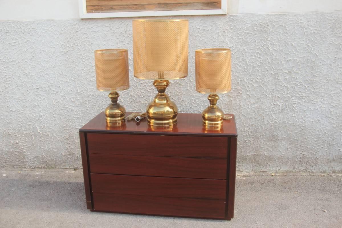 Late 20th Century Triptych of Brass Lamps with Thatched Dome For Sale