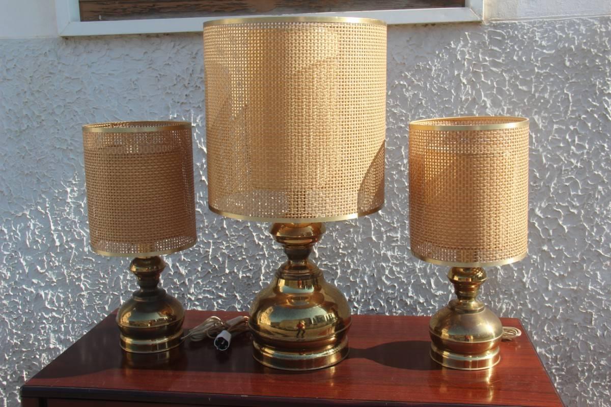Mid-Century Modern Triptych of Brass Lamps with Thatched Dome For Sale