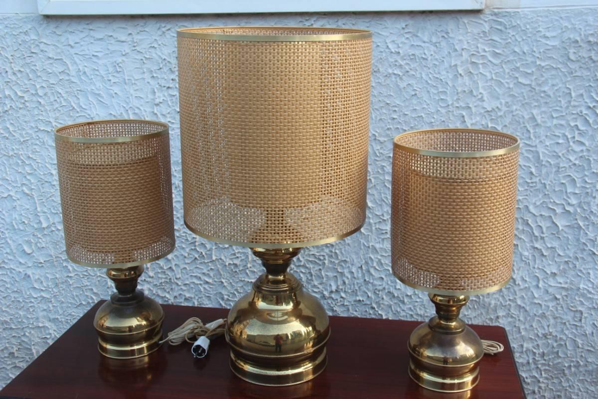 Italian Triptych of Brass Lamps with Thatched Dome For Sale