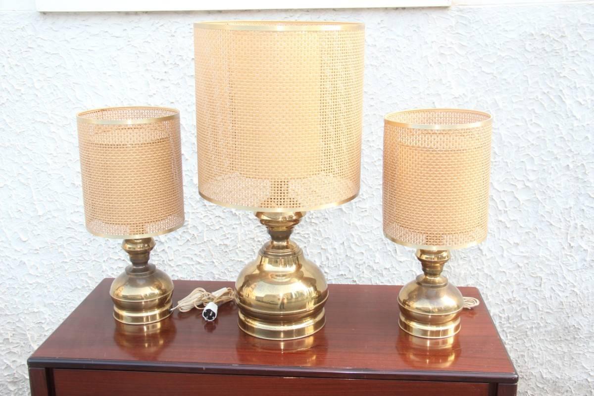 Triptych of Brass Lamps with Thatched Dome For Sale 3