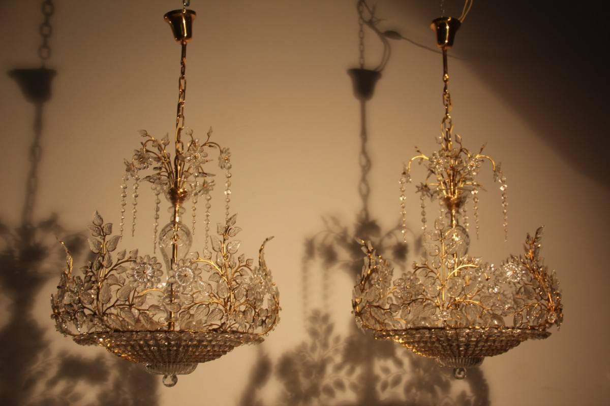 French Great Pair of Rare Crystal Chandeliers Maison Bagues France