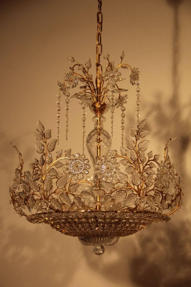 Gilt Metal Great Pair of Rare Crystal Chandeliers Maison Bagues France