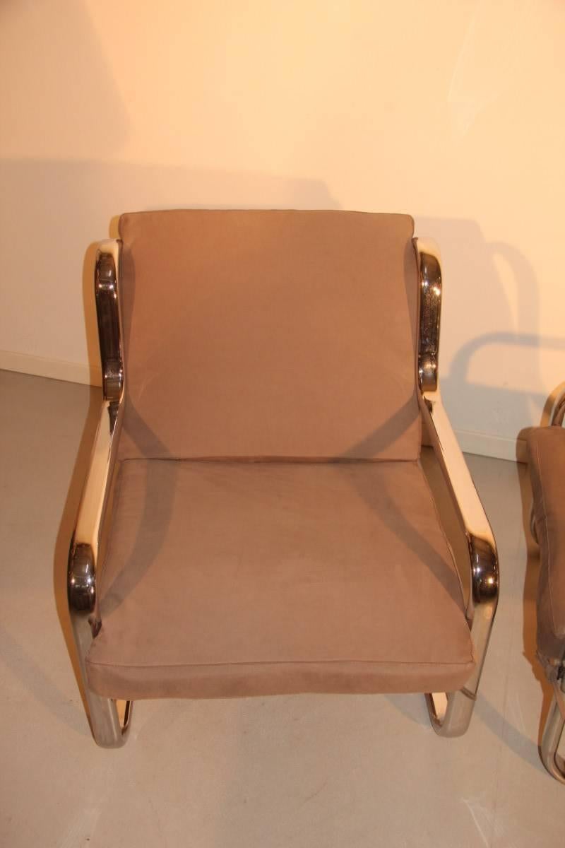 Mid-Century Modern Minimal Pair of Armchairs 1970s Italian Design Chromed Metal
