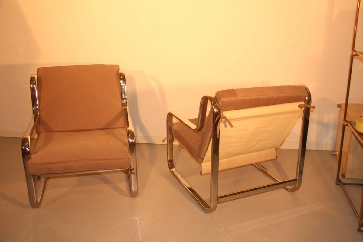 Minimal Pair of Armchairs 1970s Italian Design Chromed Metal In Good Condition In Palermo, Sicily