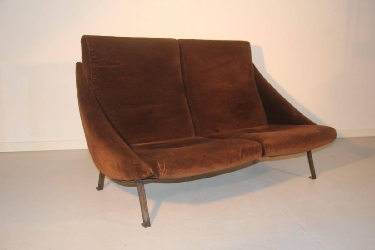 Sofa Mid-Century Italian Design Arflex Attributed Metal Feet Velvet Brown 1950 2